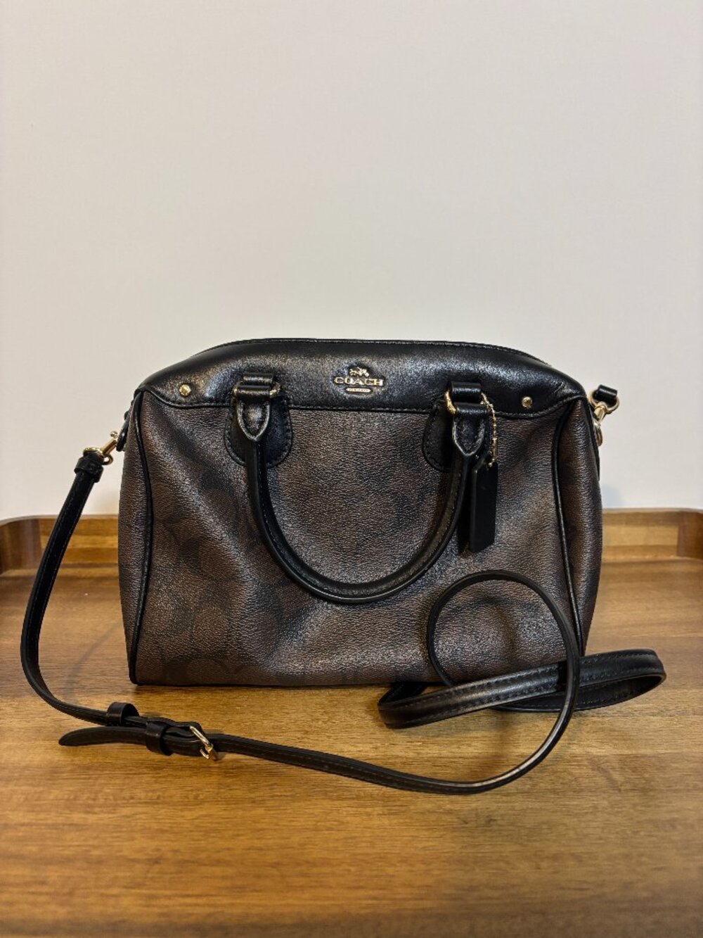 Coach Mini Bennett Brown Black Signature Coated Canvas Satchel